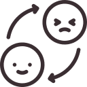 icône symbolisant la fluctuation émotionnelle avec un smiley souriant et un smiley mécontent, reliés par des flèches ascendante et descendante, utilisé pour évoquer l'intérêt de la sophrologie dans gestion des émotions