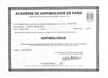 diplôme de sophrologue décerné à Sabrina Fernandes le 24 juin 2024 par l'académie de sophrologie de Paris